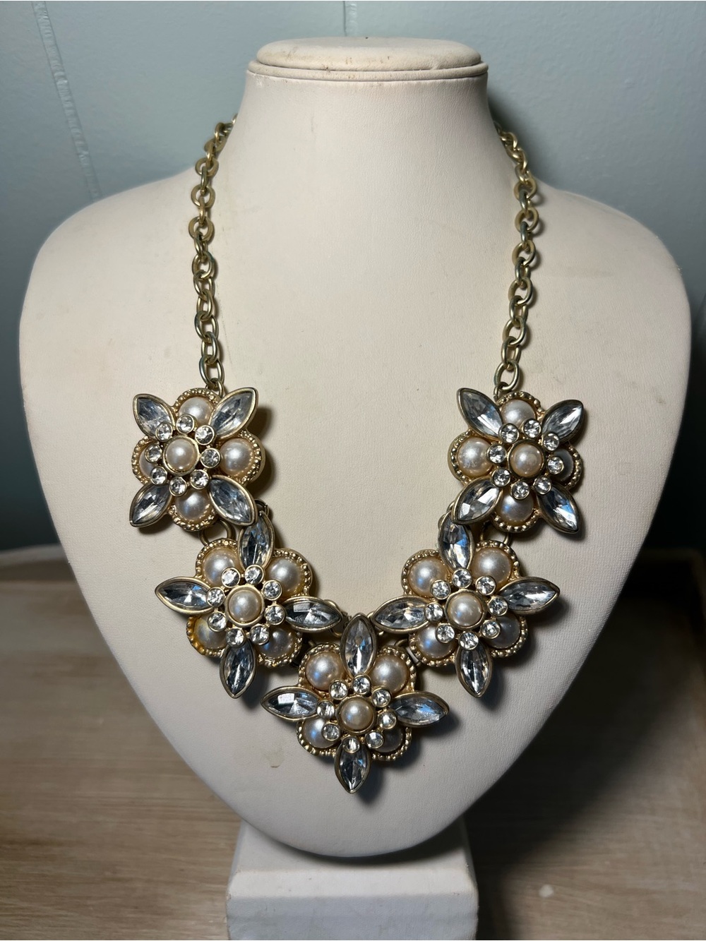 Gold-Tone Pearl & Clear Crystal Floral Statement Necklace - Women Jewelry